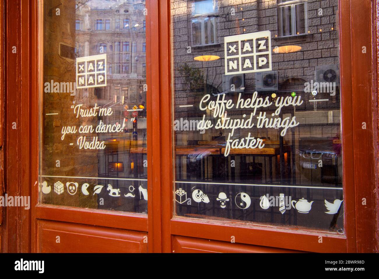 Downtown Budapest (Pest)- signs in a shop window, Budapest, Central Hungary, Hungary. Stock Photo