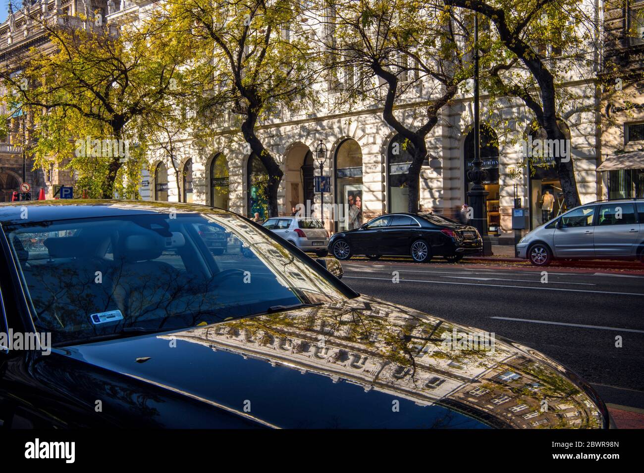 Downtown Budapest (Pest)- Andrassy Ut boulevard with trees reflecting in parked cars, Budapest, Central Hungary, Hungary. Stock Photo