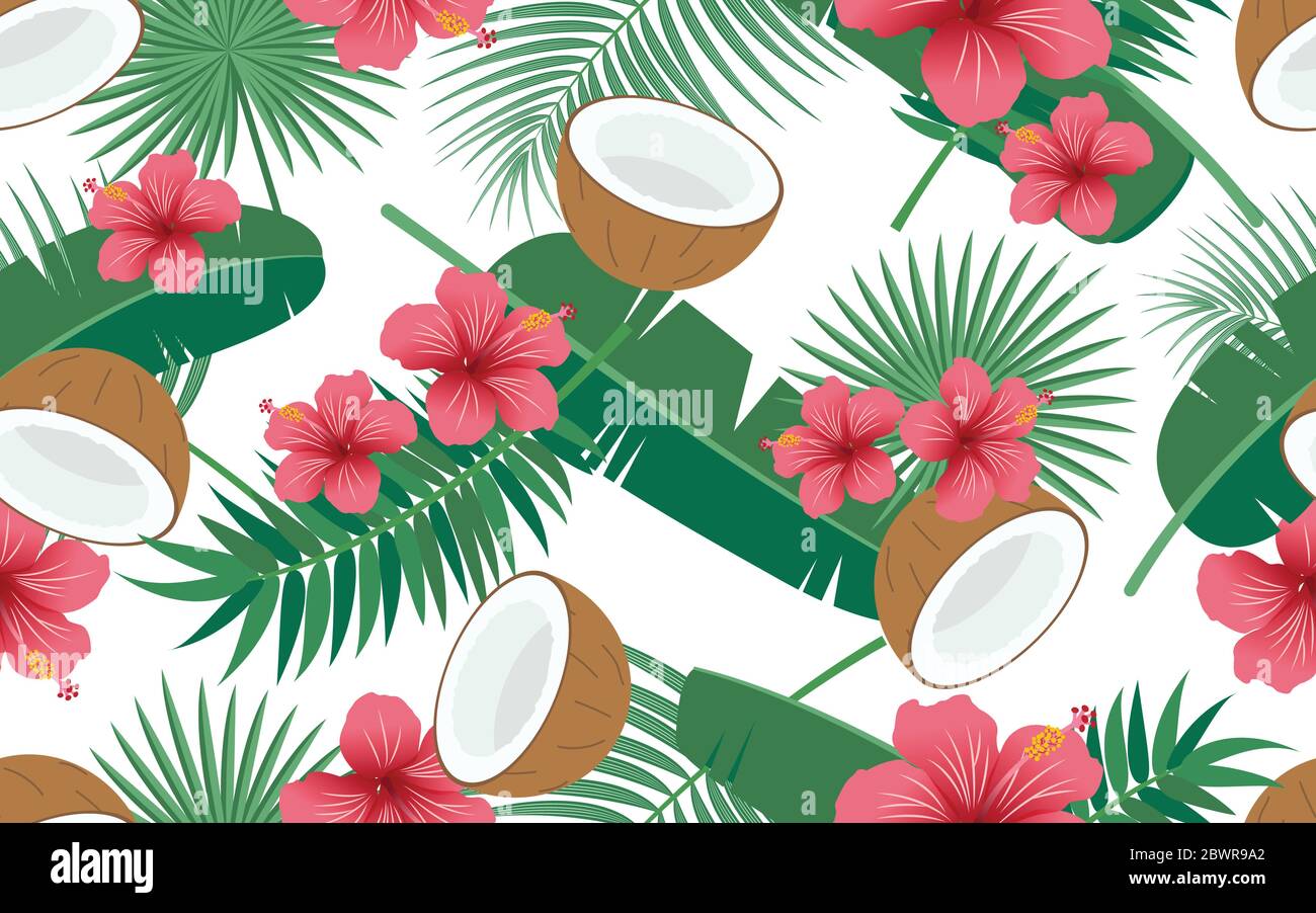 Seamless pattern of tropical floral and leaves with coconut on white ...