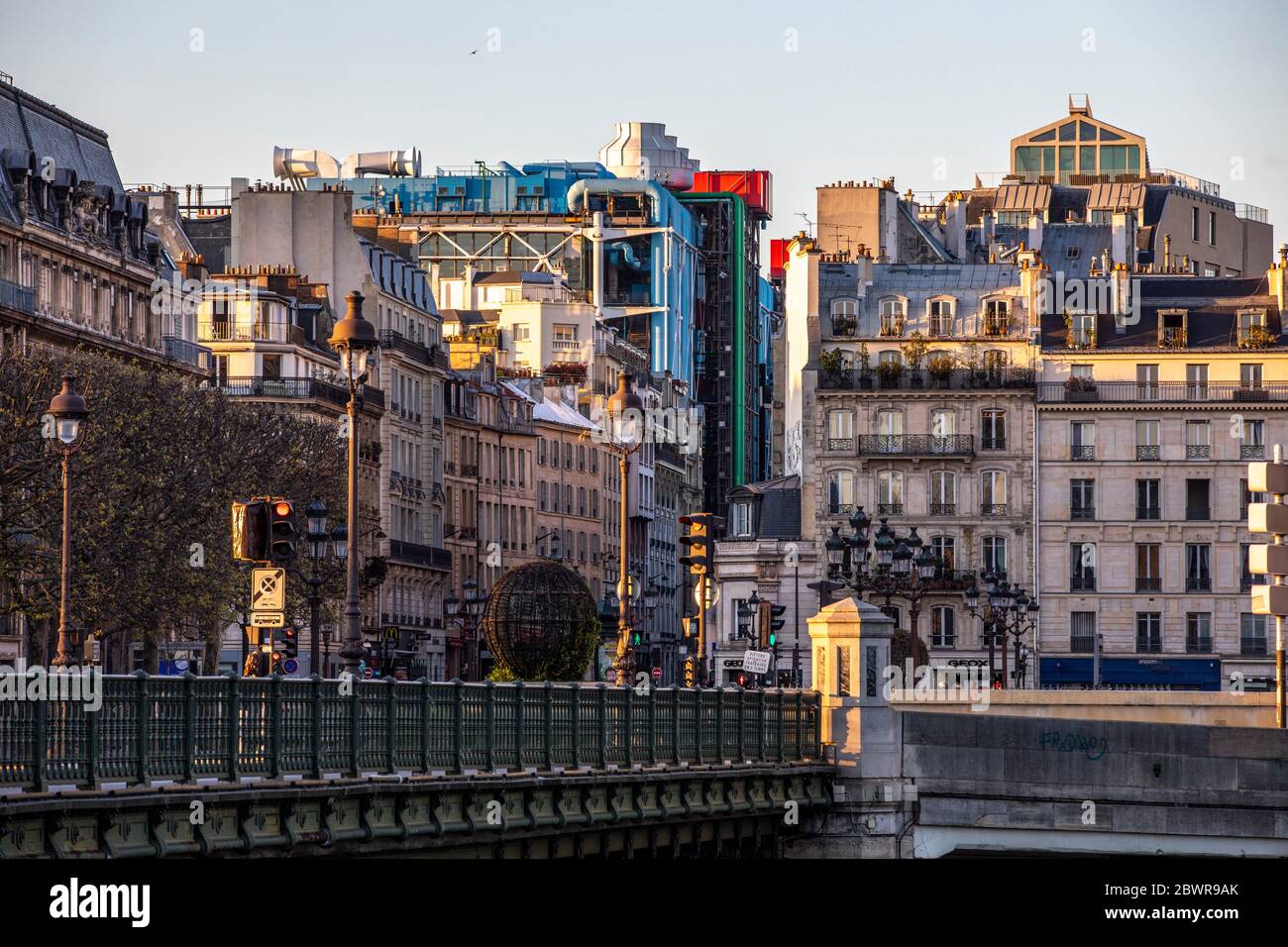 Paris, France - April 4, 2020: Typical parisian building and Beauboug center in background Stock Photo