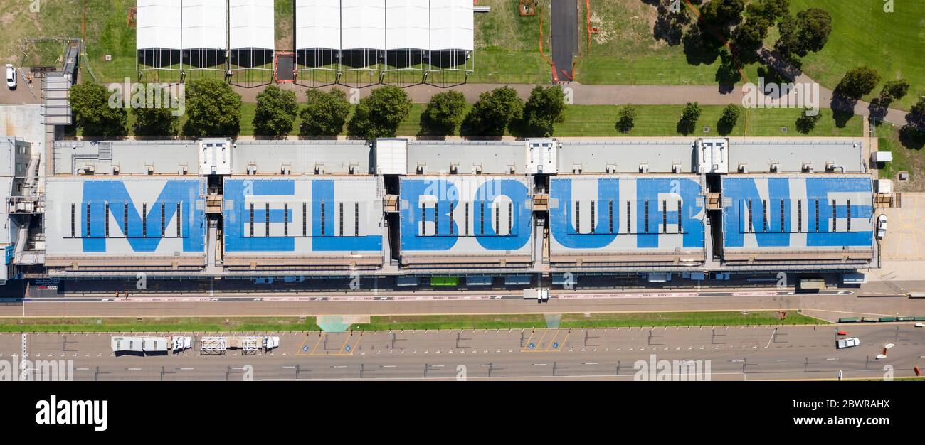 Melbourne Australia February 4th 2020 : Aerial overhead view of buildings on the Albert Park F1 Grand Prix circuit Stock Photo