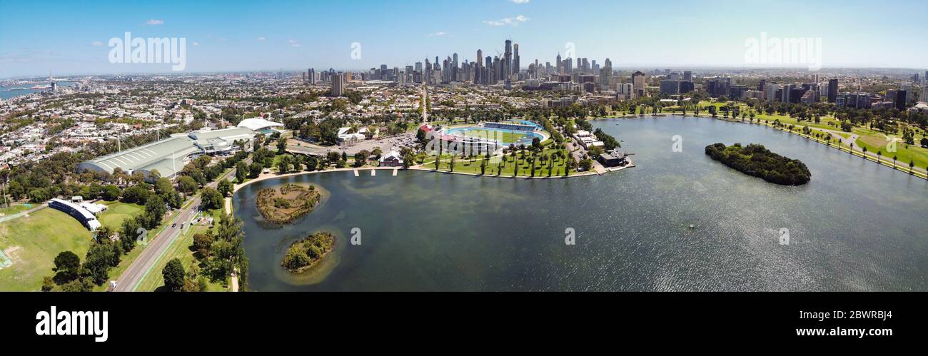 Melbourne Australia February 4th 2020 : Aerial view of Albert Park lake and city of Melbourne in the background Stock Photo