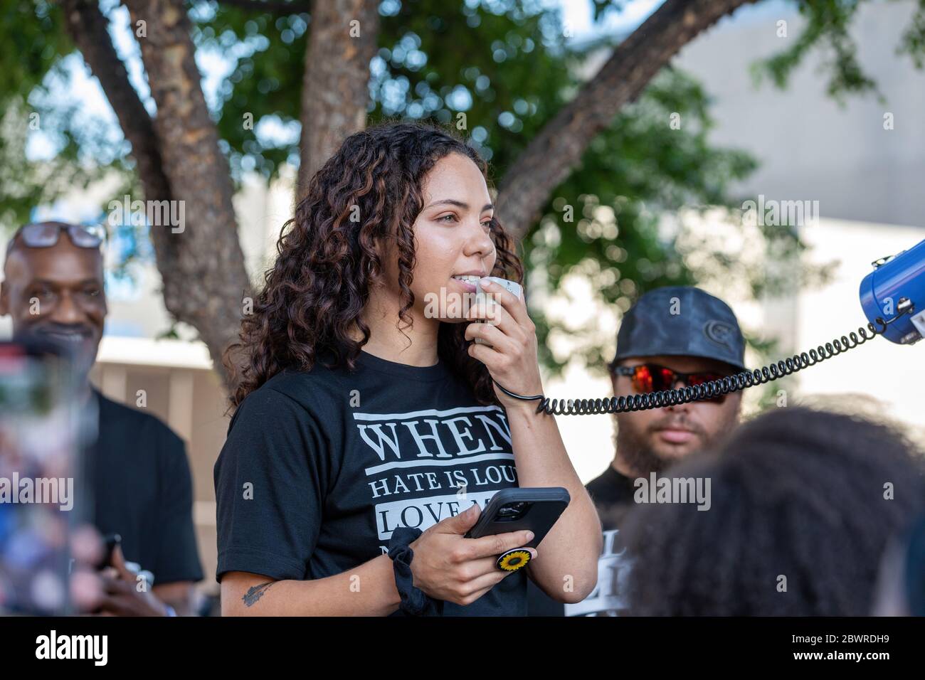 Burlington, Iowa, USA. 2nd June, 2020. Several hundred protesters held a peaceful march for police brutality victim George Floyd in Burlington, Iowa, USA. Local activists, politicians; pastors, and the police chief spoke at the rally. Credit: Keith Turrill/Alamy Live News Stock Photo