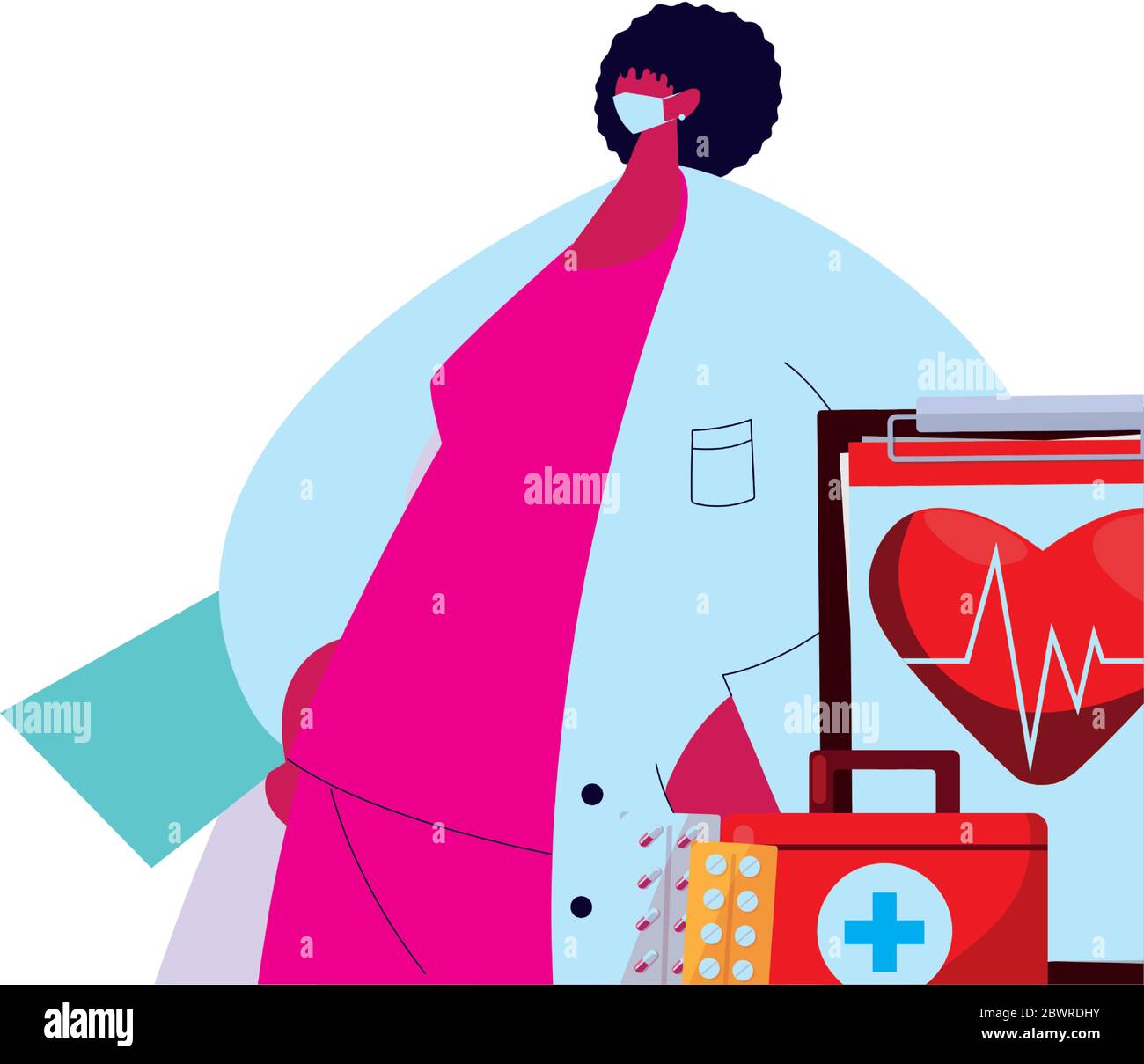 Female doctor in medical uniform with mask, medicine kit and medical ...