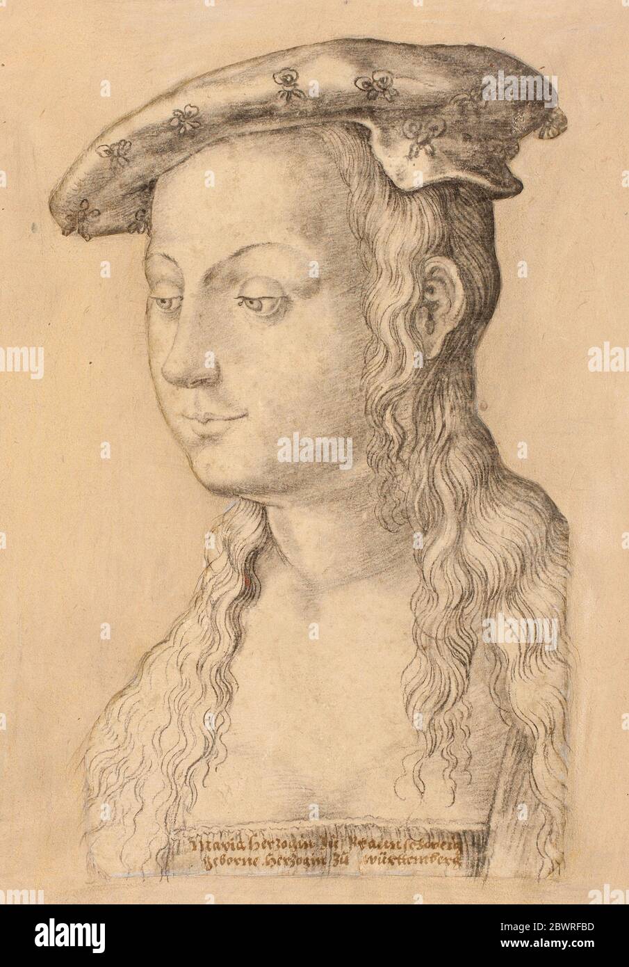 Author: Christoph Schwarz. Maria Duchess of Brunswick, Born Duchess of Wurttemburg - Attributed to Christoph Schwarz German, 1545-1592. Charcoal on Stock Photo