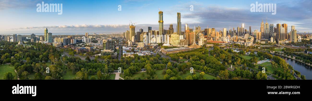 Melbourne Australia February 2nd 2020 : Dawn aerial panoramic image of the city of Melbourne Australia captured from the Botanic Gardens, from the Shr Stock Photo