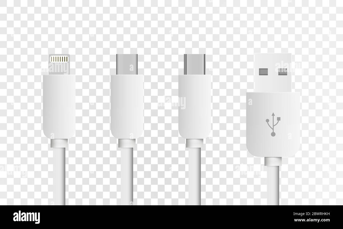 Most of standard USB type-C plugs, micro, lightning, universal computer white cable connectors, top view. Vector eps10 Stock Vector
