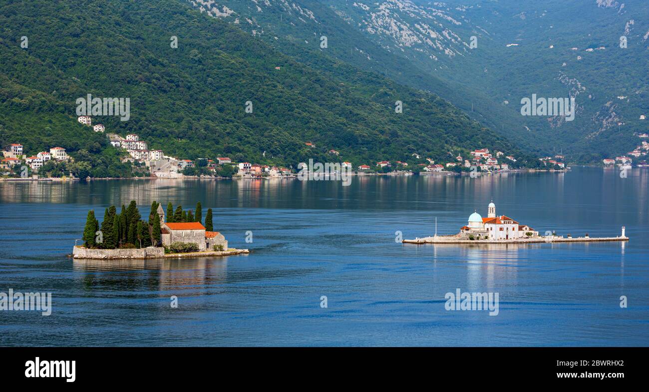Perast, Montenegro.  Bay of Kotor. St. George's island with its Benedictine Monastery (left) and the artificial island of Our Lady of the Rock (right) Stock Photo