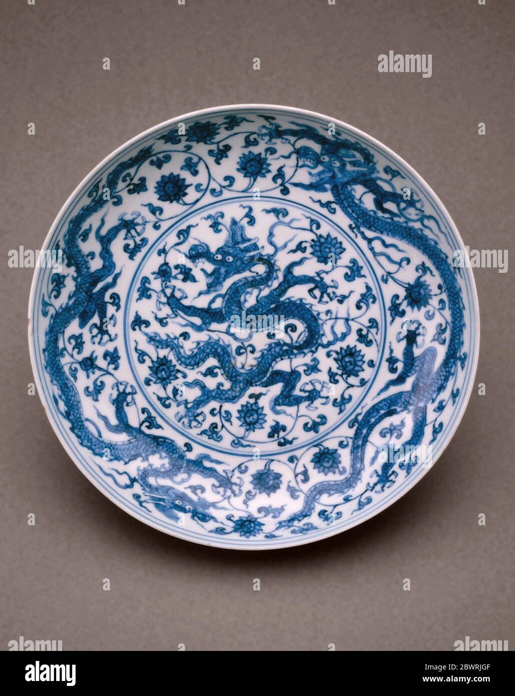 Dish with Dragons Writhing amid Floral Scrolls Ming dynasty (1368