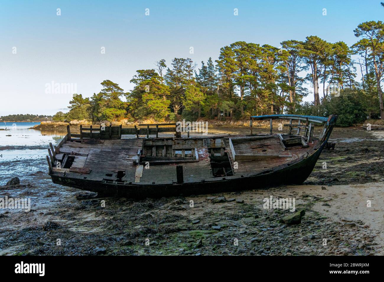 Boat graveyard on Bender Island in the Gulf of Morbihan. France. Stock Photo