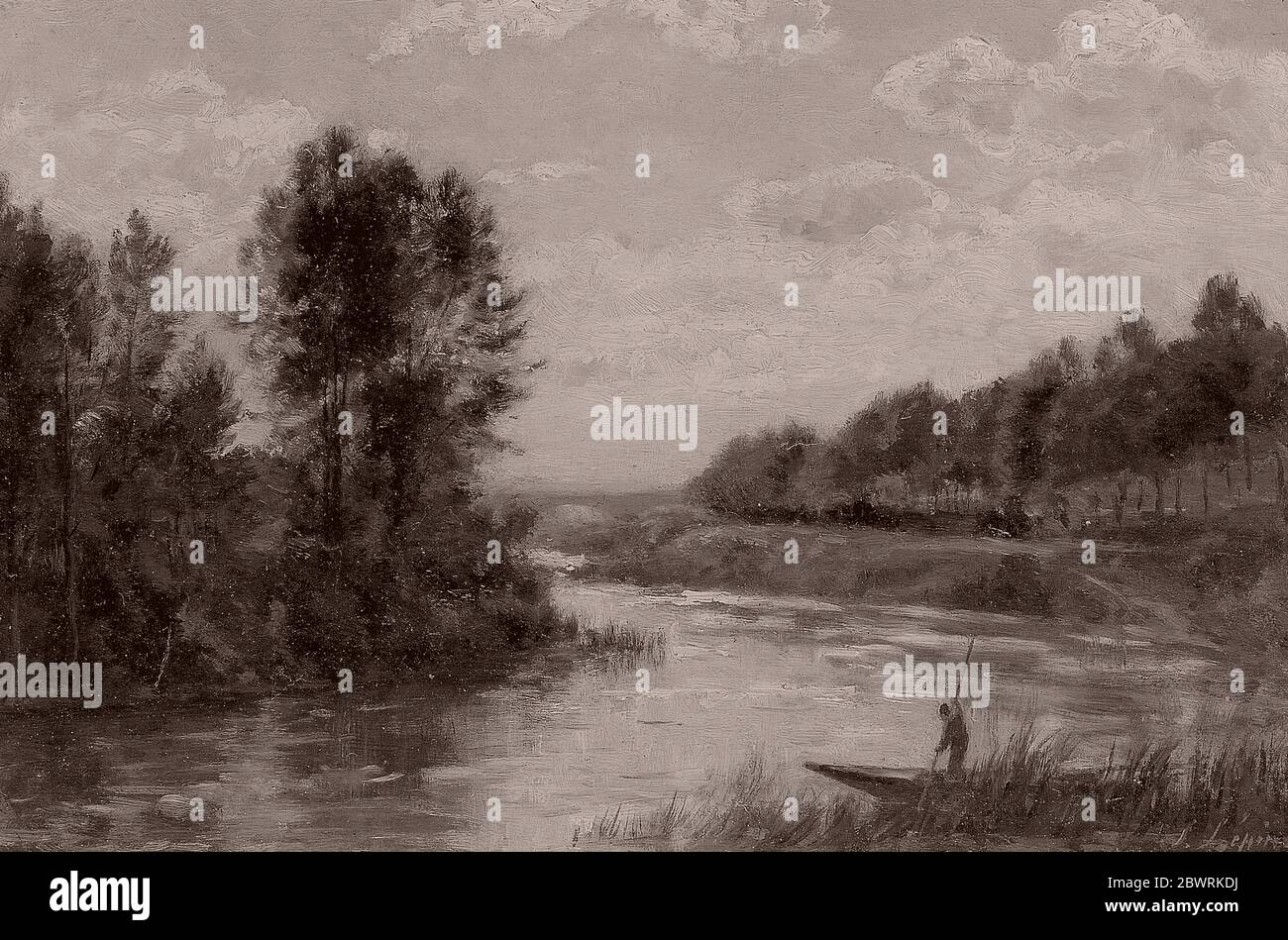 Author: Stanislas Lpine. A Stream in France - c. 1880 - Stanislas Lpine French, 1835-1892. Oil on panel. 1875'1885. Stock Photo