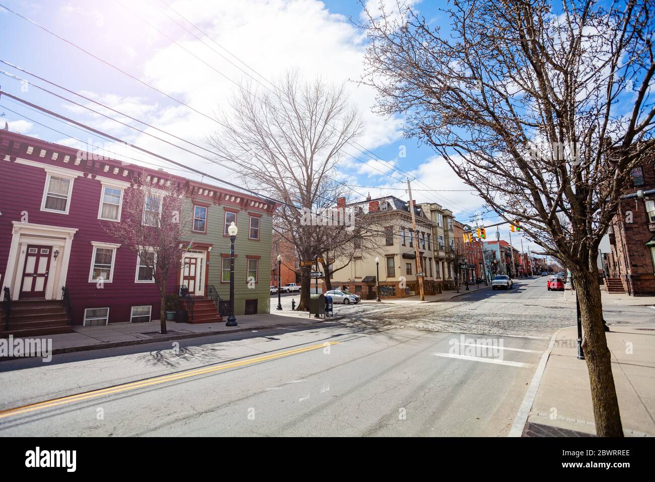 Street view in Albany downtown at spring with small houses, NY, USA Stock Photo