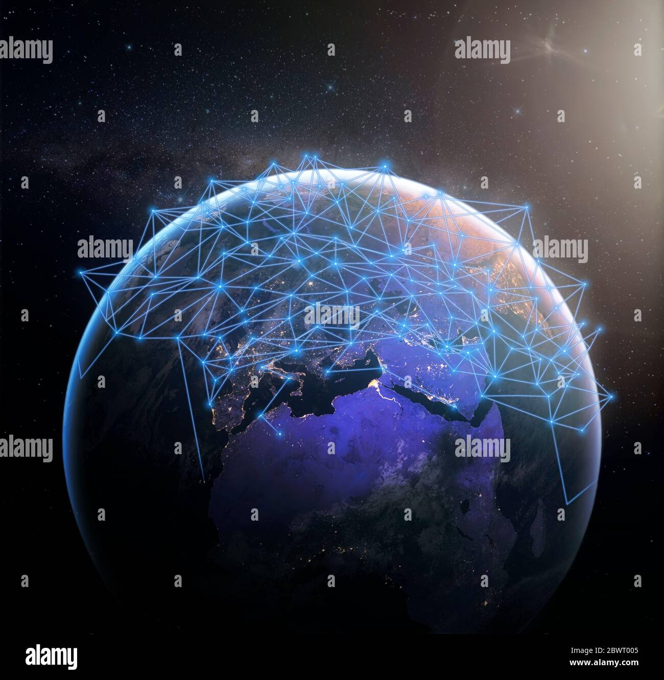 Global communication network over our blue planet earth in space. Concept of worldwide wireless exchange of information and digital connection. Elemen Stock Photo