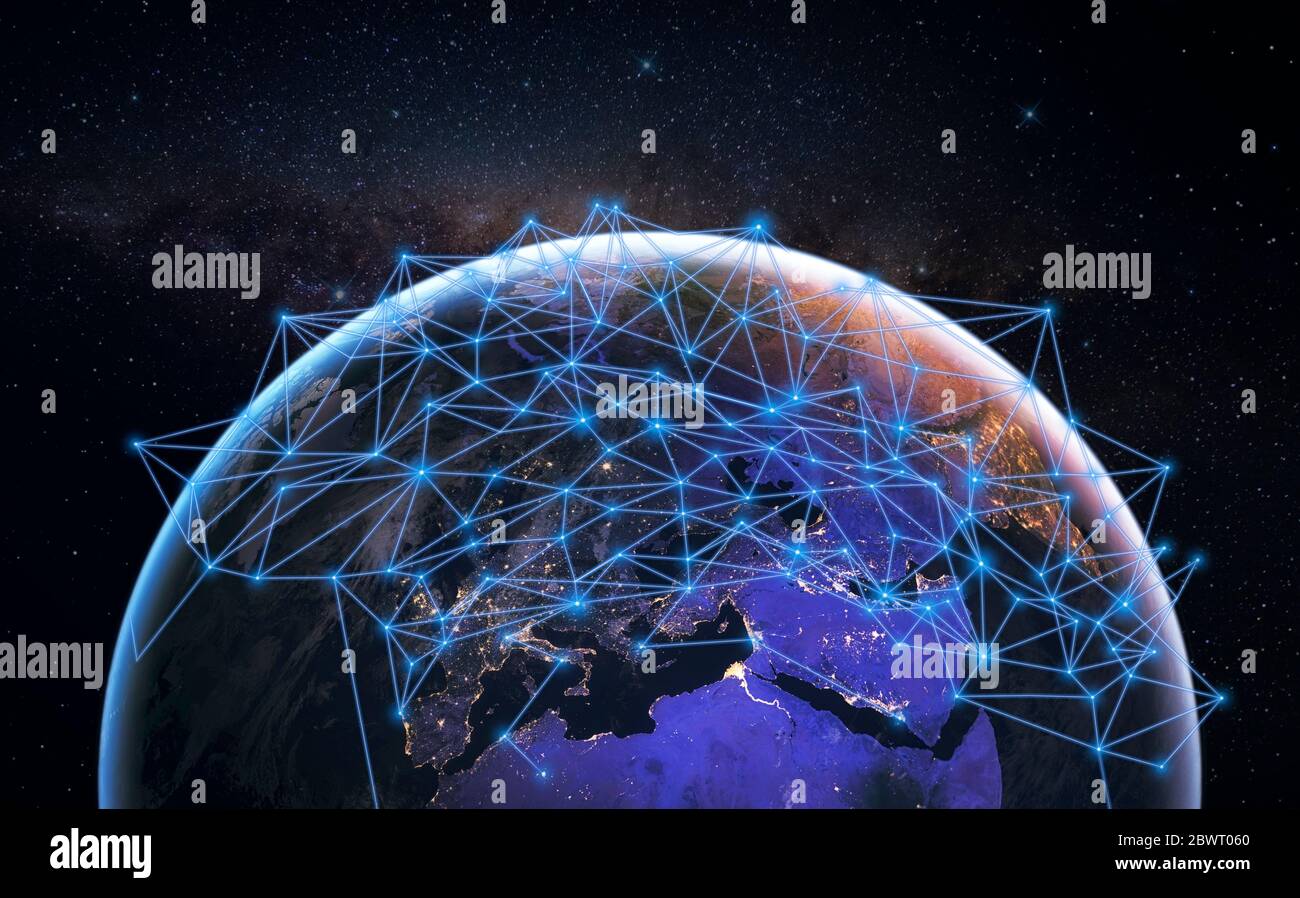 Global communication network over our blue planet earth in space. Concept of worldwide wireless exchange of information and digital connection. Stock Photo
