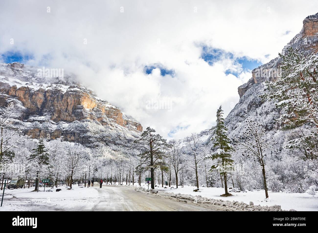 Pyrenees: Snowy landscape in Meadow of Ordesa, entrance to the National park of Ordesa and Monte Perdido (Huesca province, Aragon region, Spain) Stock Photo
