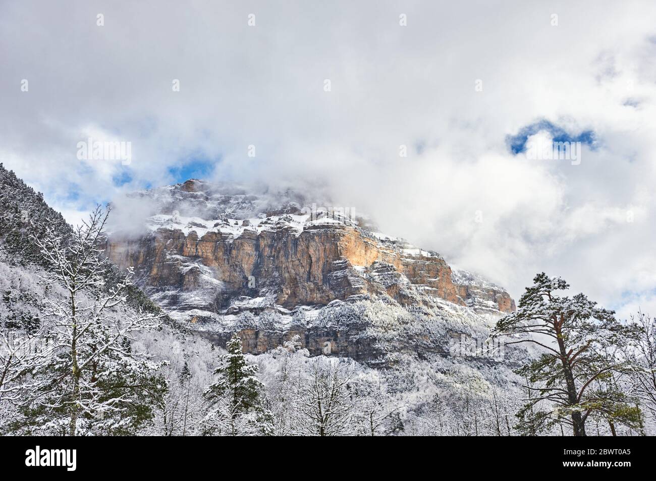 Pyrenees: Snowy view of Morron Tobacor mountain in the National park of Ordesa and Monte Perdido (Huesca province, Aragon region, Spain) Stock Photo