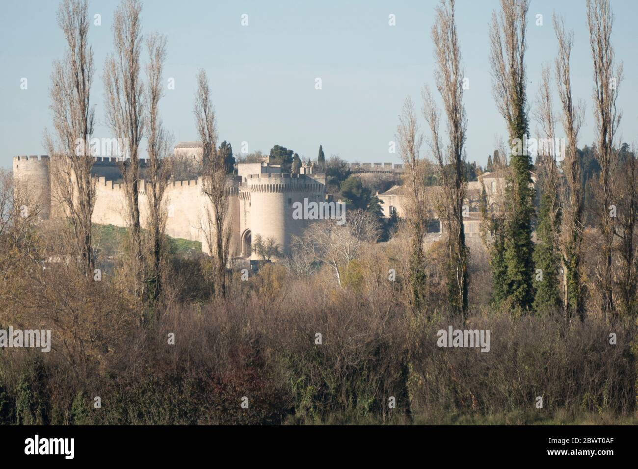 Magnificent round towered gateway and crenellated perimeter wall of Saint Andre Fortress through the trees on a sunny Autumn day, Villeneuve, Stock Photo
