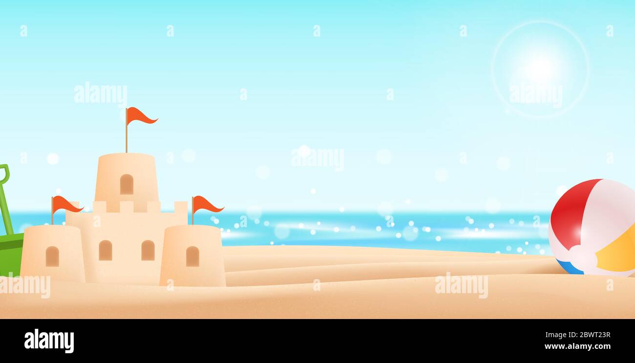 Holiday by the sea with sand castle and ball vector illustration Stock ...