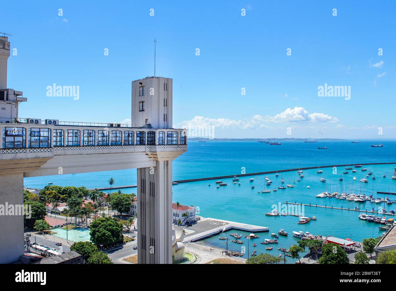 Salvador Brazil city skyline view with Mercado Modelo and Bay of All Saints(Baia de Todos os Santos). Fort San Marcelo and Elevador Lacerda. Stock Photo