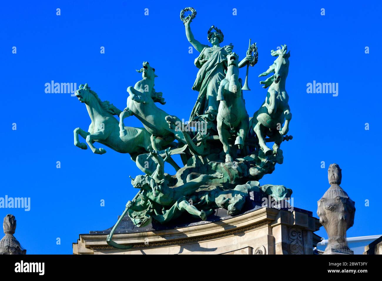 Quadriga statue on the top of the Grand Palais called Immortality Outstripping Time by Georges Recipon,Paris,France. Stock Photo