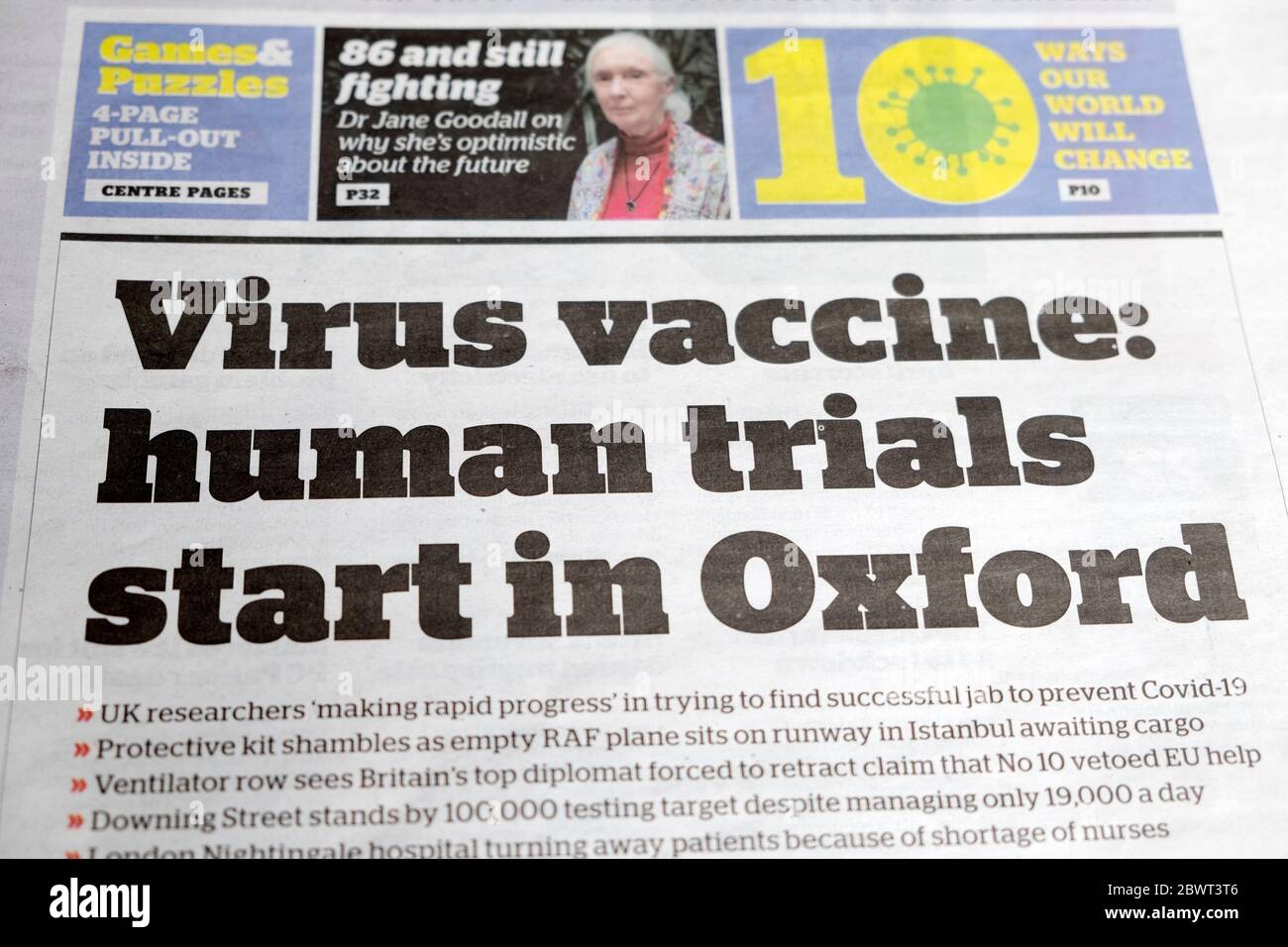 'Virus vaccine: human trials start in Oxford' Covid-19 Coronavirus i newspaper front page headline on 22 April 2020 London England UK Stock Photo