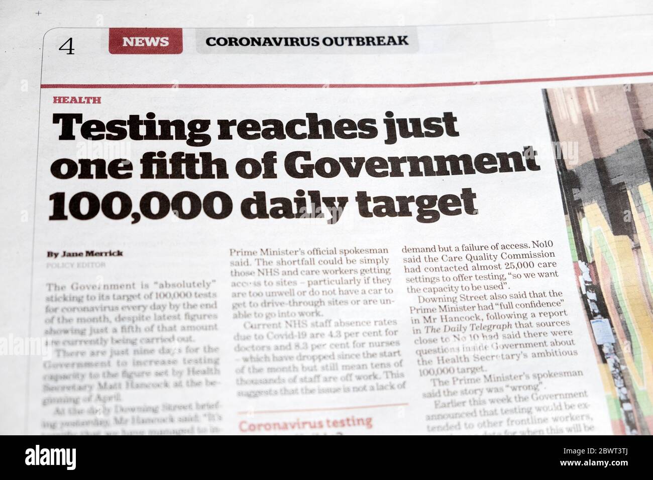 Coronavirus test and trace article 'Testing reaches just one fifth of Government 100,000 daily target' health section of i newspaper 21 April 2020 UK Stock Photo