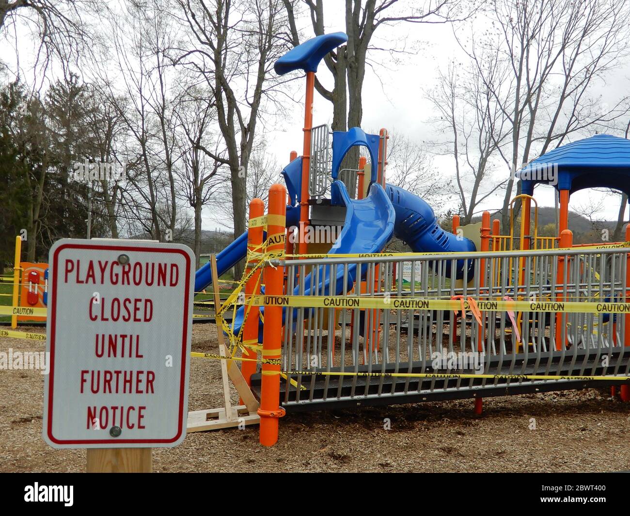 Playground Closed Due to Pandemic, Wellsville, New York, USA. Stock Photo