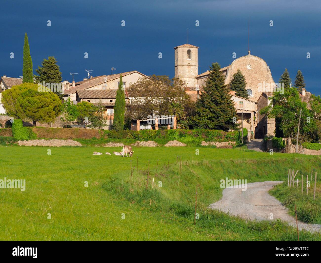 Perafita village's Church and surroundings on a stormy evening. Lluçanès region, Barcelona province, Catalonia, Spain. Stock Photo