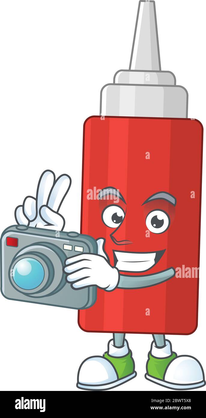 Sauce bottle photographer mascot design taking a picture with a camera