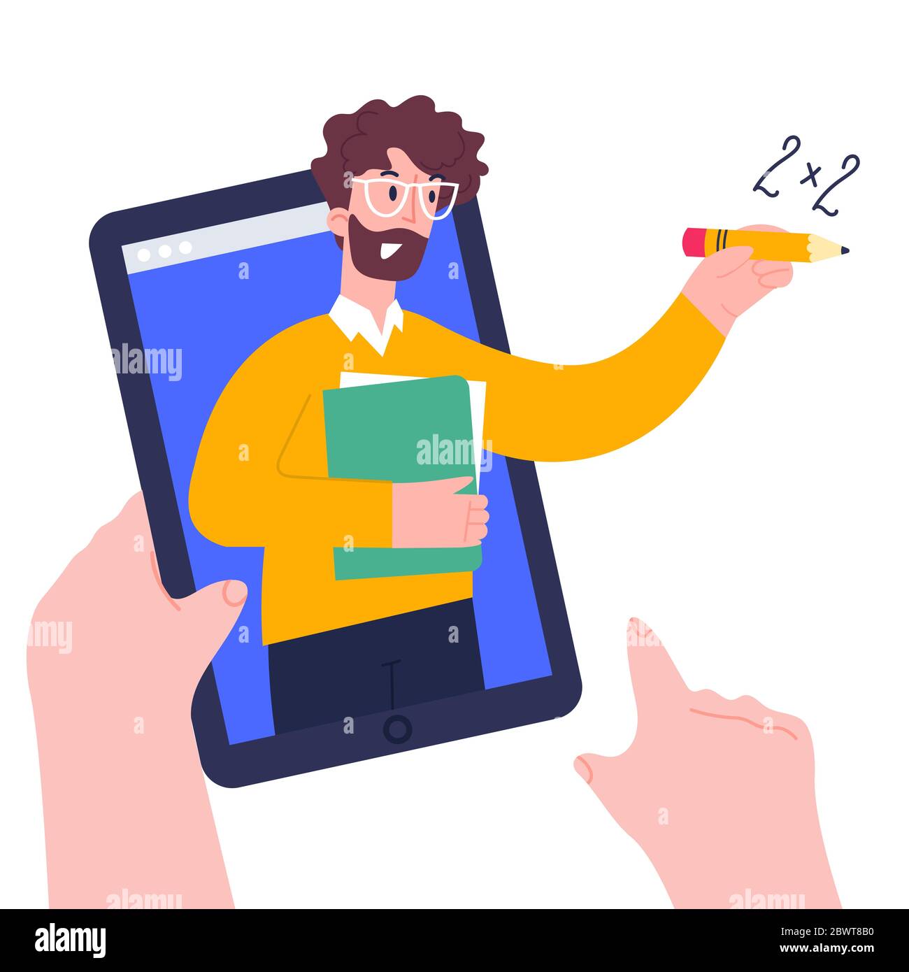 Child hands holing tablet computer. Using digital tablet pc for distance lessons, video course, web seminar, internet class, personal teacher service Stock Vector