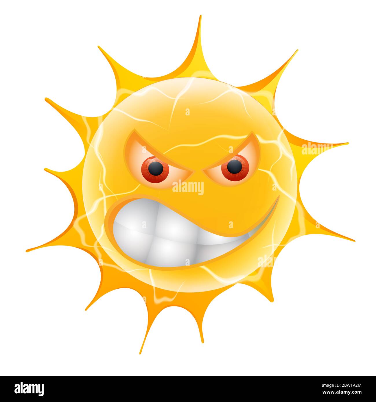Evil Summer Sun Emoticon. Angry Sun Emoji. Isolated on white background. Stock Photo