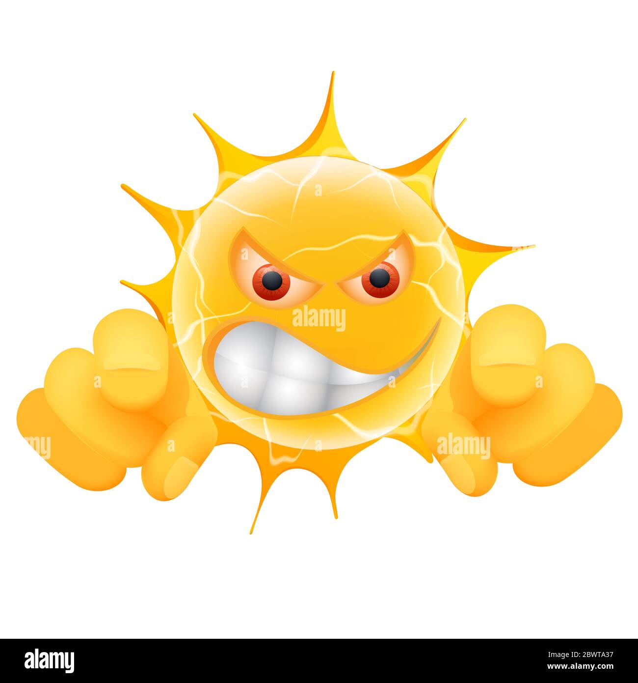 Evil Summer Sun Emoticon. Angry Sun Emoji is pointing at you. Isolated on white background. Stock Photo