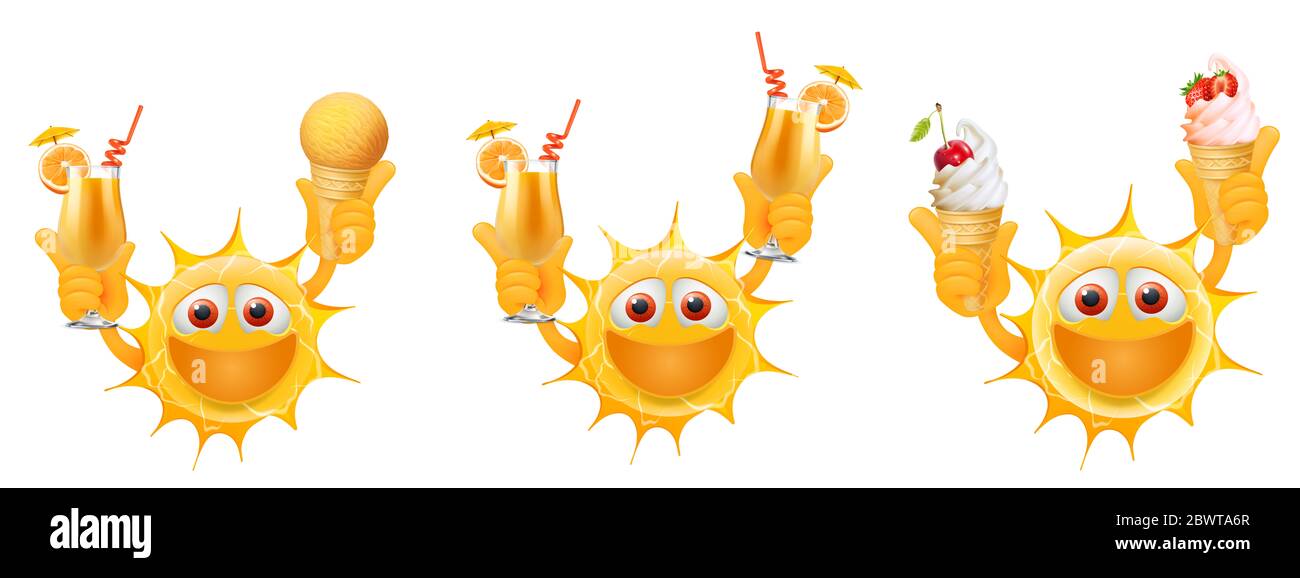 Happy Summer Sun Emoticons. Happy Sun Emoji with orange juice and ice cream in the hands. Summertime Illustration. Isolated on white background. Stock Photo