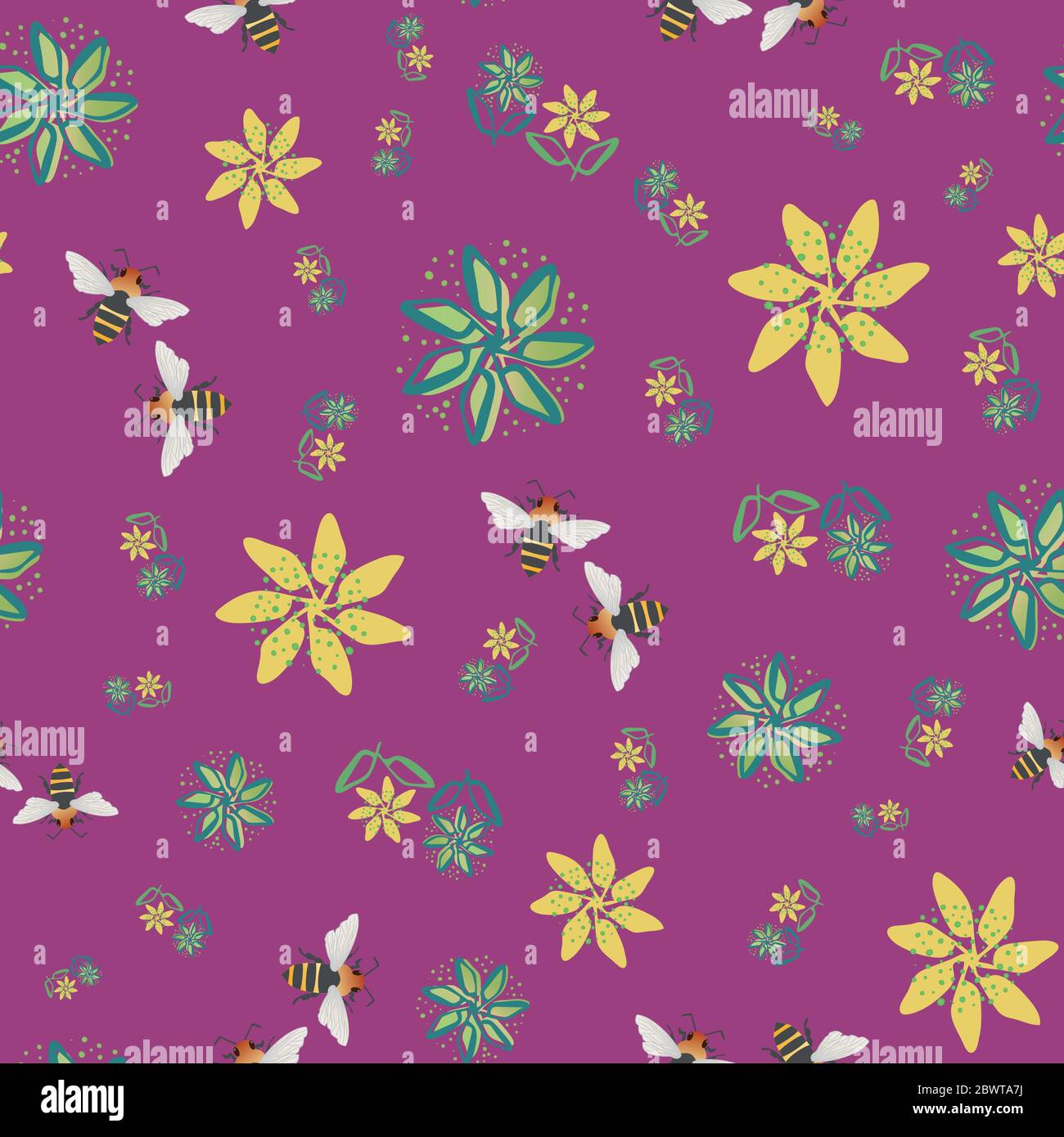 Honey bee and flowers vector seamless pattern background. Hand drawn ...