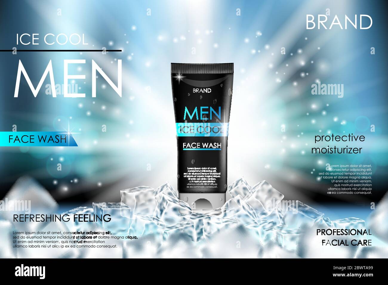 Cooling men face wash with ice cubes. Realistic cool refreshing