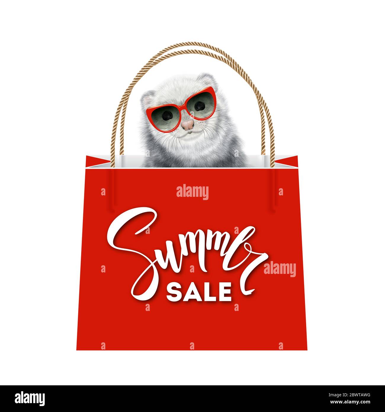 Realistic Ferret in Sunglasses sitting in the Gift Bag.  Cute Polecat inside the Shopping Bag. Pet Illustration which is good for Summer Sales Stock Photo