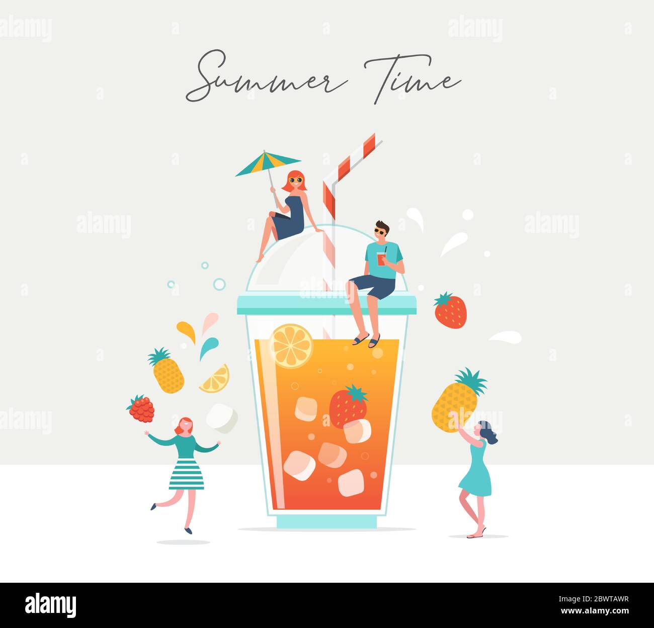 Summer scene, group of people, family and friends having fun around a huge glass of juice, fruit smoothie, surfing, swimming in the pool, drinking Stock Vector