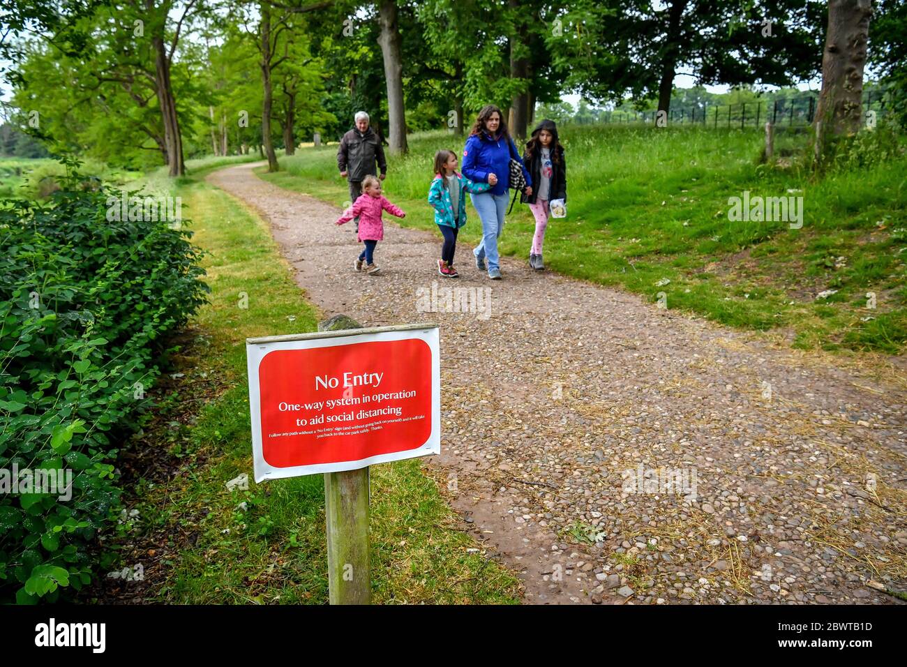 Visitors walk separately from others and stick to a one way system during country walks at Attingham Park in Shropshire, on the first day of the reopening of National Trust gardens and parklands following the coronavirus outbreak. National Trust is phasing reopening of gardens and parklands in England and Northern Ireland with advance booking needed to limit numbers and maintain public safety. Stock Photo