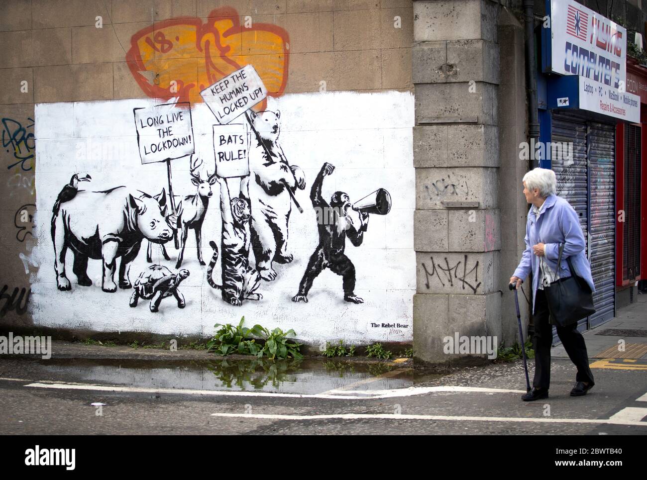 A new piece of street art by The Rebel Bear has appeared on a wall in Leith, Edinburgh, as Scotland is moving into phase one of the Scottish Government's plan for gradually lifting lockdown. Stock Photo