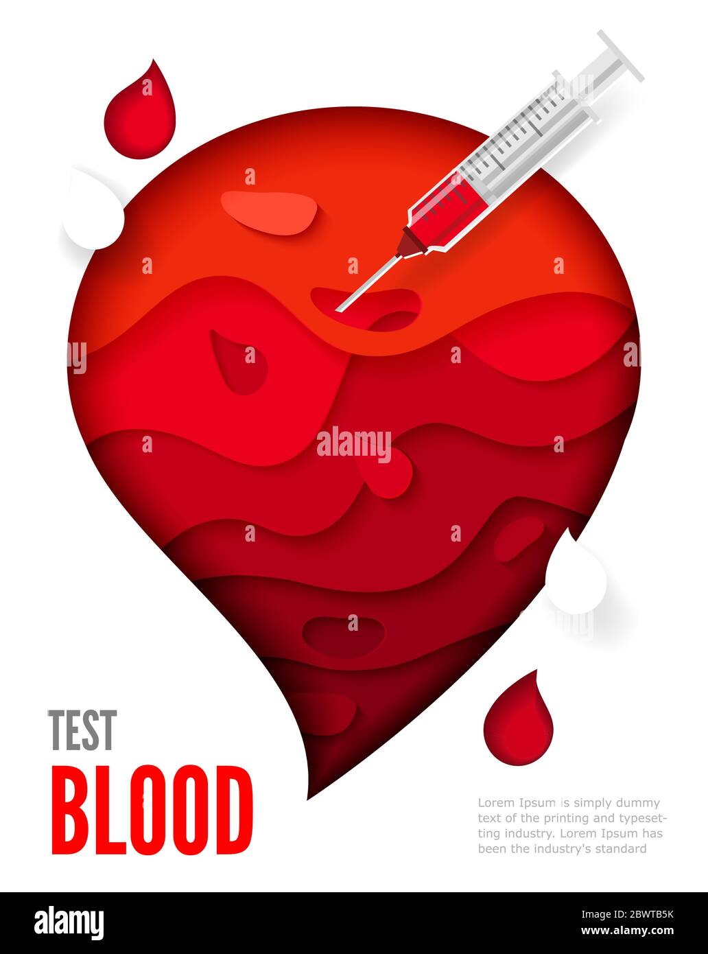 Drop of blood with with a syringe. Medical blood test. Vector illustrations, paper art and digital crafts style. Isolated on white background. Stock Vector