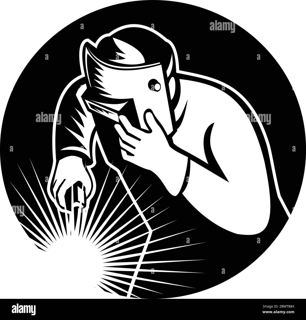 Illustration of an arc welder worker working with visor mask holding a