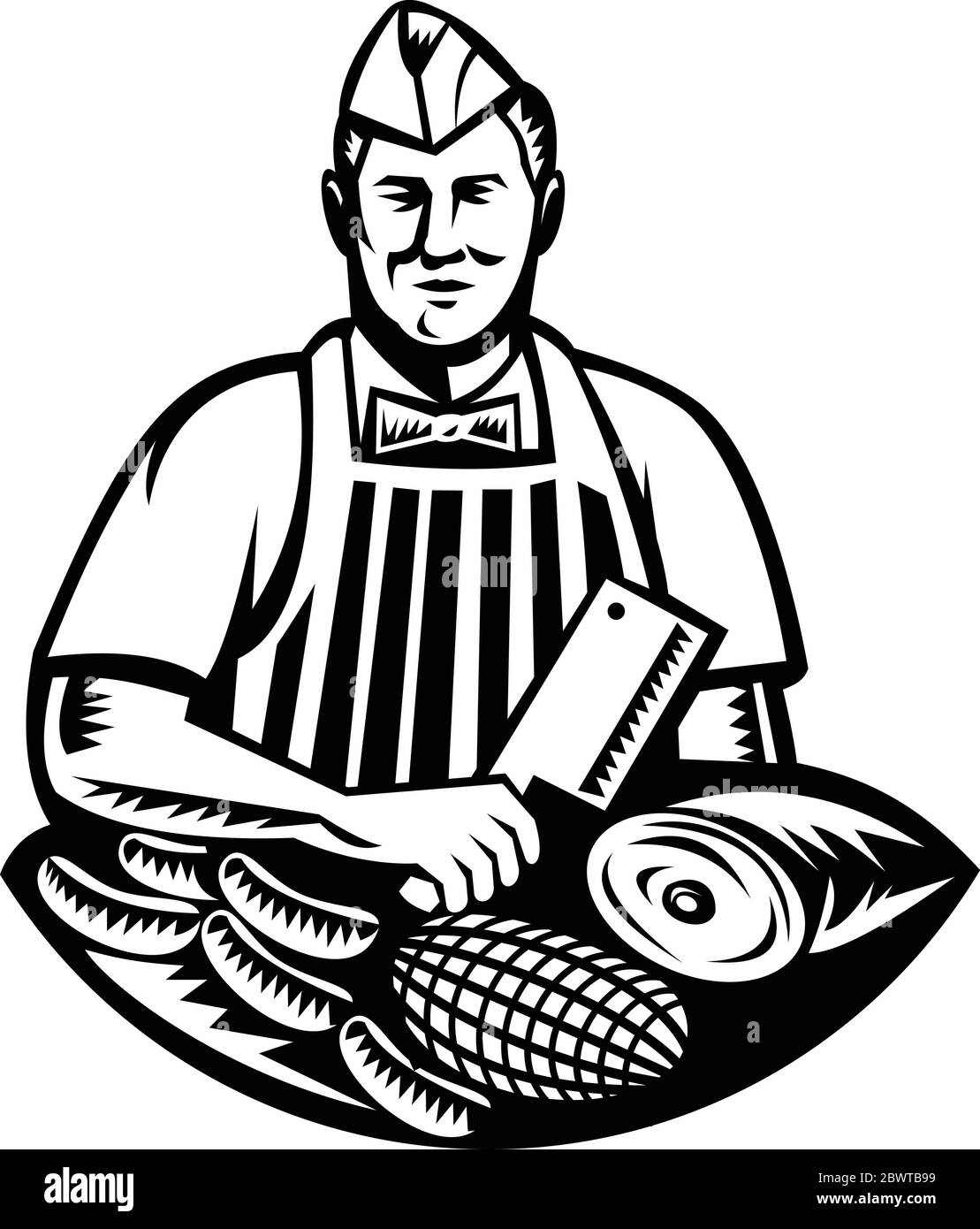 Retro woodcut style illustration of a butcher cutter worker with meat