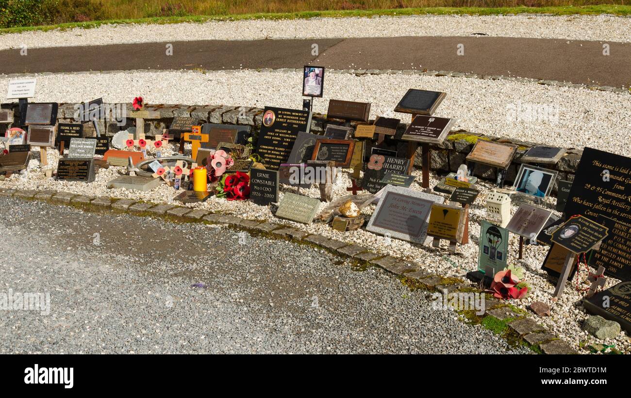 Lochaber, Scotland, UK: Sep 22, 2017: A selection of personal memorials at the side of the Commando Memorial Stock Photo