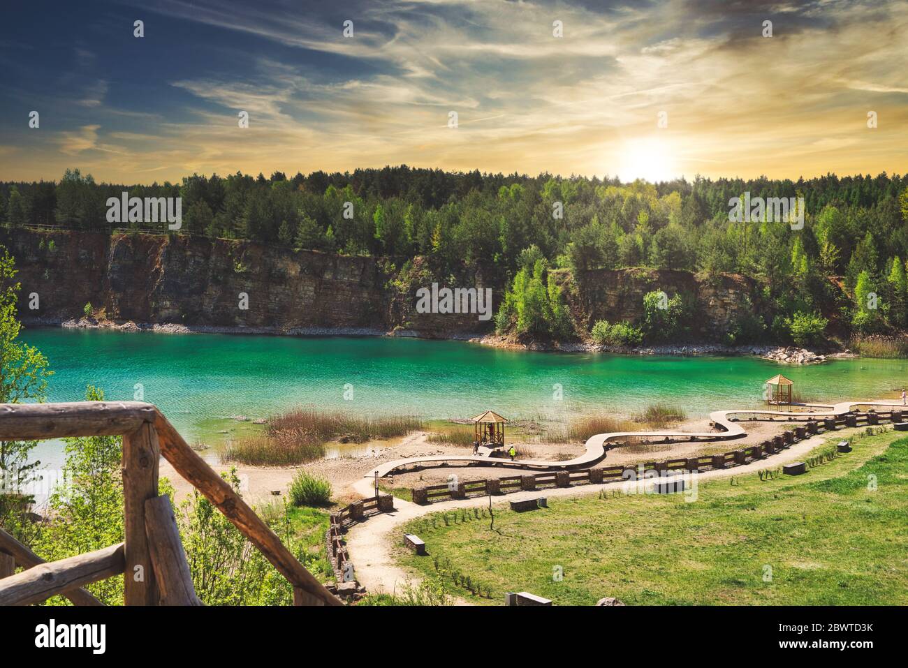 Azure lake. The concept of landscape and relaxing in the fresh air. Trukus water reservoir, attraction and a beautiful place to spend free time. Beaut Stock Photo