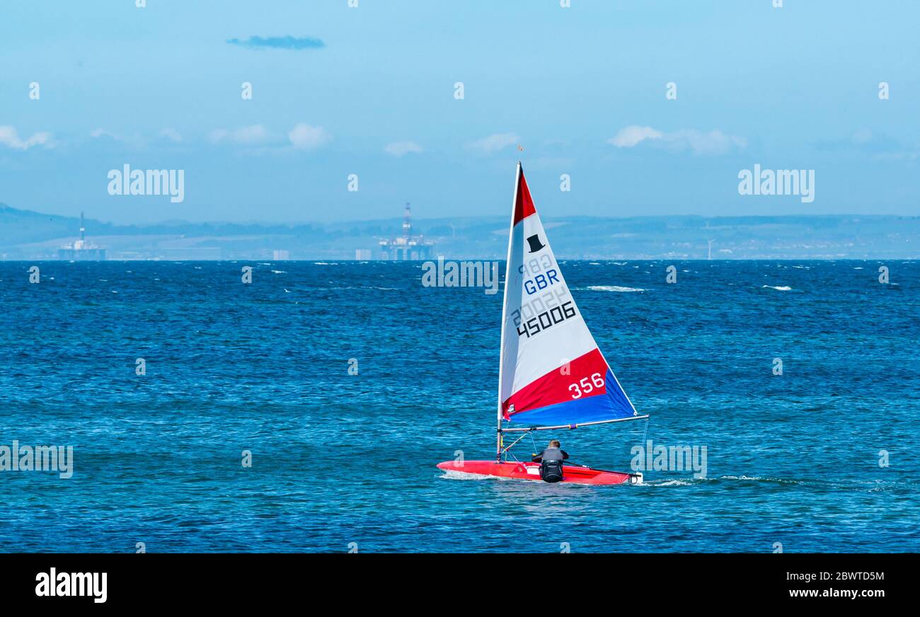 Boy in sailing dinghy on sunny day in Firth of Forth, North Berwick ...