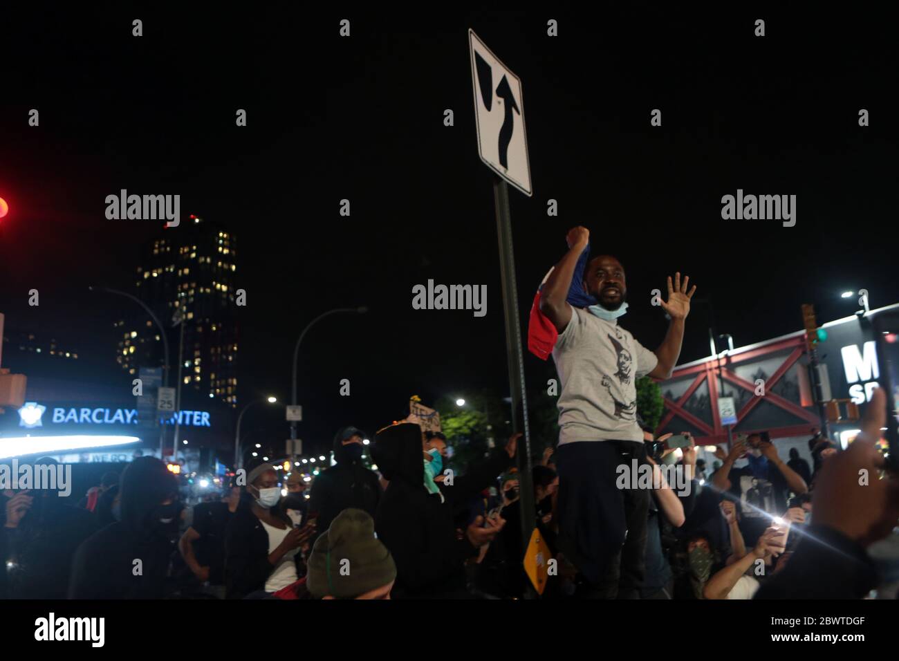 BROOKLYN, NY: JUNE 2: Day 6 of the Protest of the George Floyd death and the first day of the 8pm curfew imposed by New York City as protestors converge in violation after curfew on the Barclays Center on June 2, 2020 in Brooklyn, New York City. Credit: mpi43/MediaPunch Stock Photo