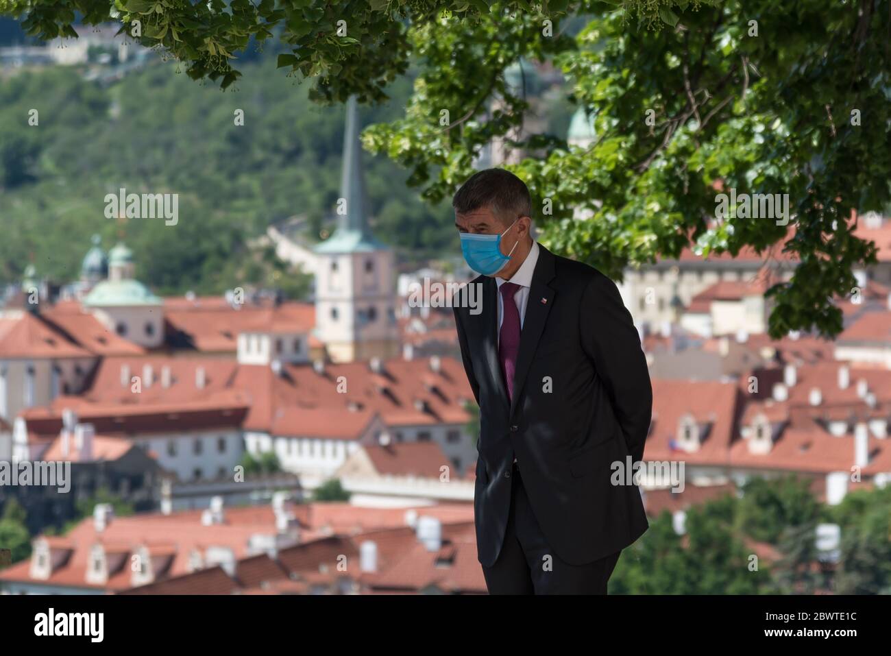 Prague, Czech Republic. 03rd June, 2020. Prime minister of Czech republic Andrej  Babis is seen wearing a face mask as he waits for Igor Matovic his  counterpart from Slovakia.Prime minister of Slovakia