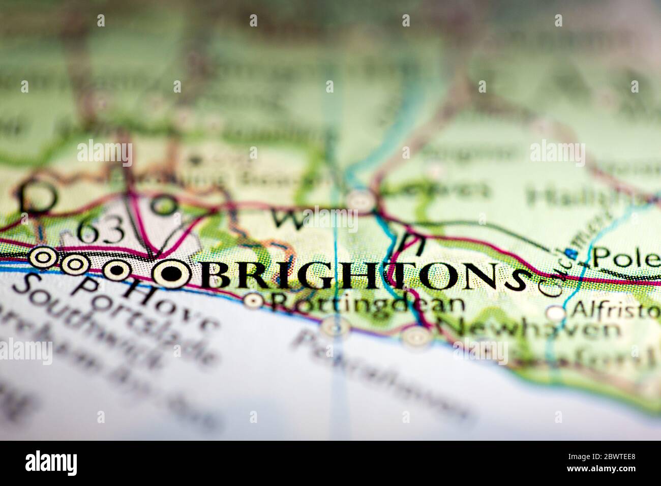 Shallow depth of field focus on geographical map location of Brighton