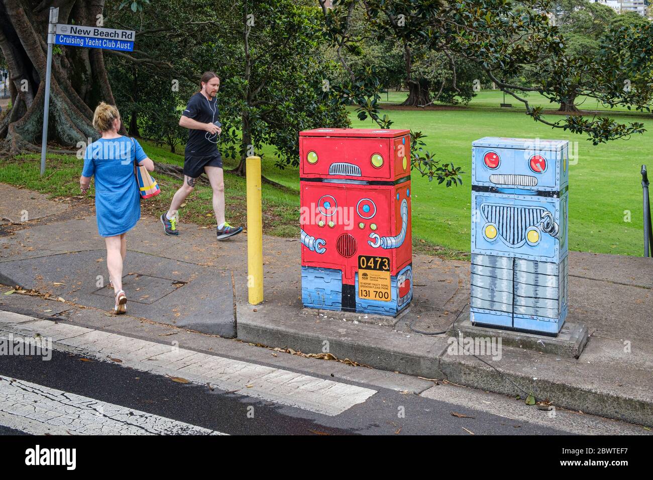 Telecommunications boxes whimsically painted as robots, Edgecliff, Sydney, Australia Stock Photo