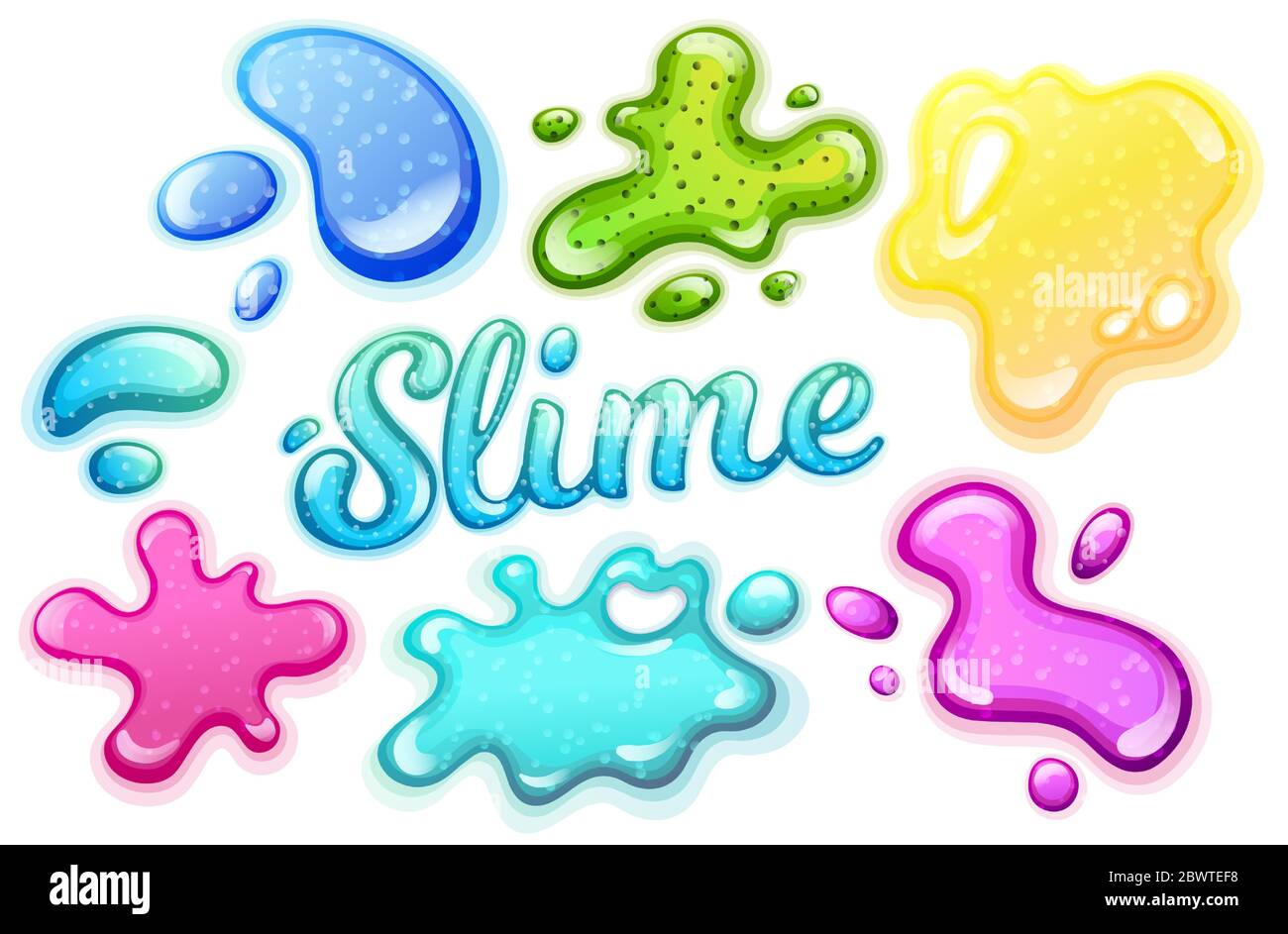 Colorful glitter slime blobs vector illustration set. Girly goo stains